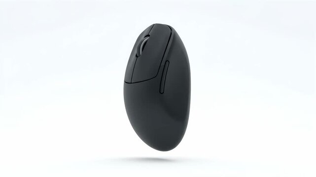 A modern black wireless computer mouse rotates smoothly, highlighting its ergonomic design and precise tracking capabilities. Perfect for tech, office, and productivity themes.