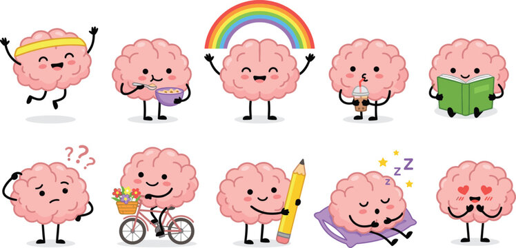 Cute brain characters collection funny cartoon mind mascots isolated white background vector set
