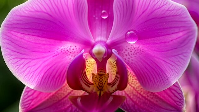 Close-up of a vibrant pink orchid with water droplets on its petals.