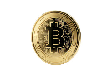 Gold Bitcoin coin with embossed B symbol and circuit pattern, crypto currency icon, Isolated on white background
