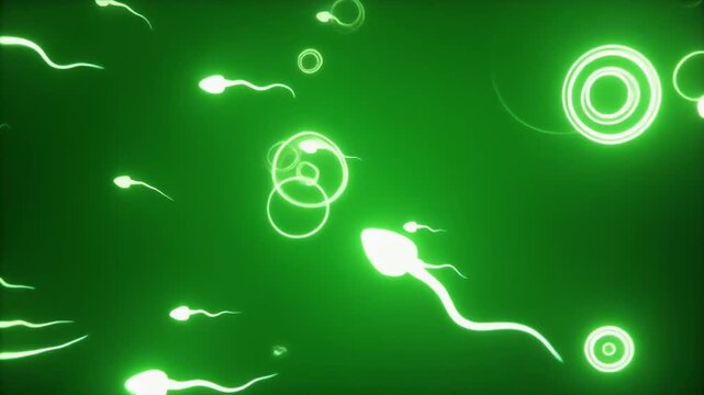 "Futuristic glowing sperm cells swimming toward radiant egg targets on a luminous green background."