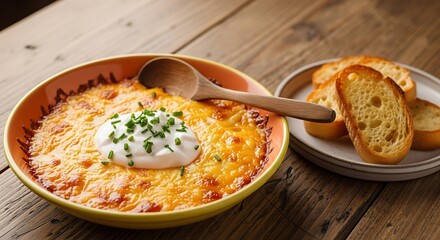 Delicious Baked Dip with Bread Slices on Wooden Table.