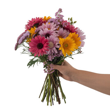 Hand holding colorful bouquet of flowers hand holding flowers isolated on a transparent background