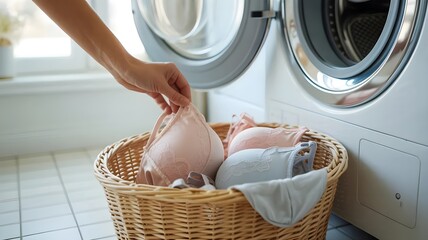 Close-up of hand placing lingerie into laundry basket beside washing machine, laundry care lifestyle concept