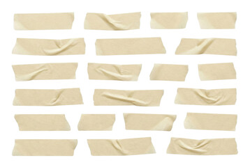 Set of beige masking tape strips with torn edges on white paper background, collage label or scrapbook element
