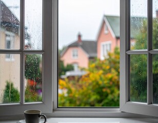 Rainy day view through window 