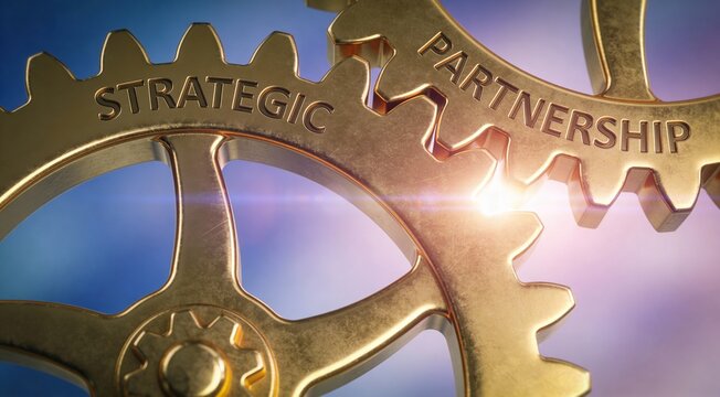 Strategic partnership concept with connected gears, symbolizing business collaboration, alliances, cooperation, shared goals, and long term growth through strong corporate partnerships.