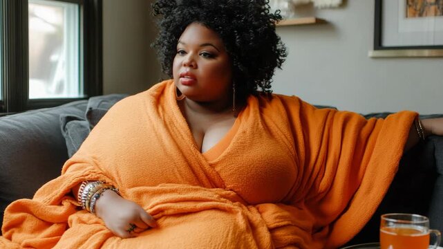 selective focus cozy plus-size woman enjoying hot tea at home