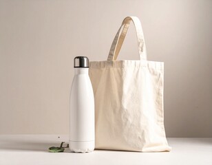 Reusable bottle and cloth bag on neutral background