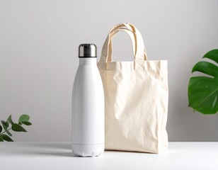 Reusable bottle and cloth bag on neutral background