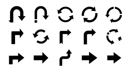 A collection of black arrow icons in various shapes and directions on a white background.