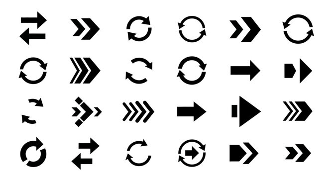 A comprehensive collection of black arrow and refresh icons in various styles and directions.
