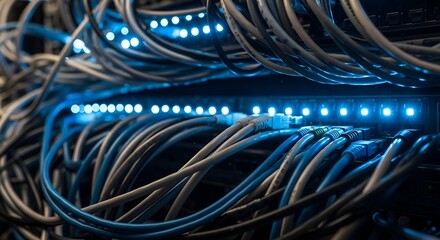 A close-up view of a complex network of glowing blue cables