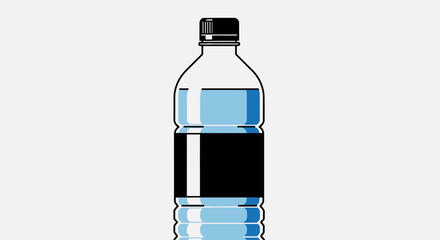 A clear plastic water bottle with a black cap and label, filled with blue liquid, standing upright on a light grey background. © Junior