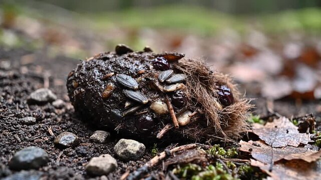 macro cinematic footage of animal feces on soil surface natural habitat slow push in camera movement high detail texture wet surface small stones leaves and debris soft natural light rugged outdoor at
