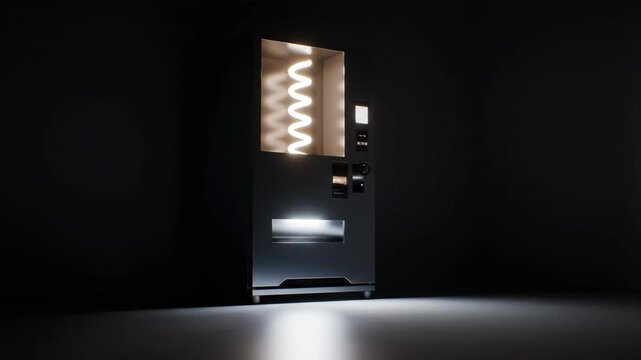 A modern, empty vending machine with a glowing spiral light in a dark, minimalist setting. Futuristic and clean.