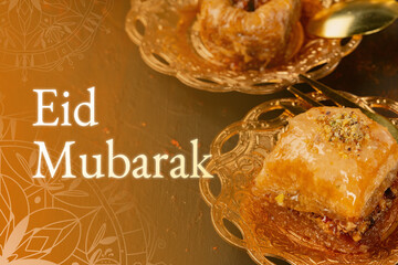 Fototapeta premium Celebration of Eid Mubarak with traditional sweets during the month of Ramadan