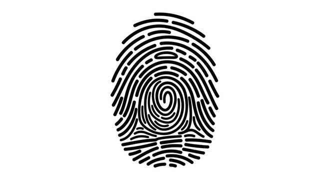 A clear, detailed black fingerprint pattern on a white background, showing the unique ridges and whorls of human identification.