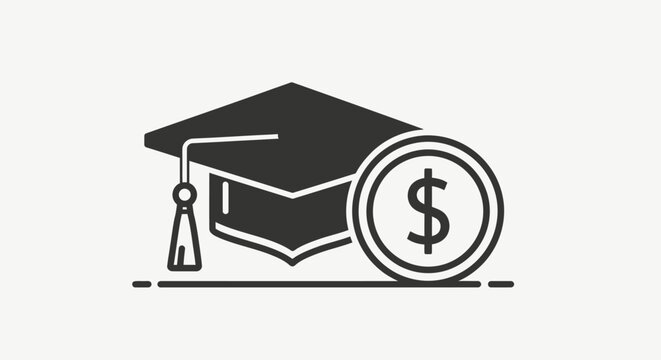 A black and white icon depicting a graduation cap next to a dollar coin, symbolizing education costs or financial aid.