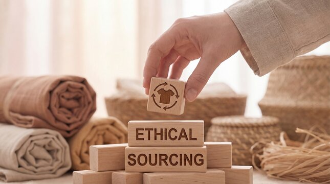 Hand arranging wooden blocks with ethical sourcing concept and textile products in a natural setting.