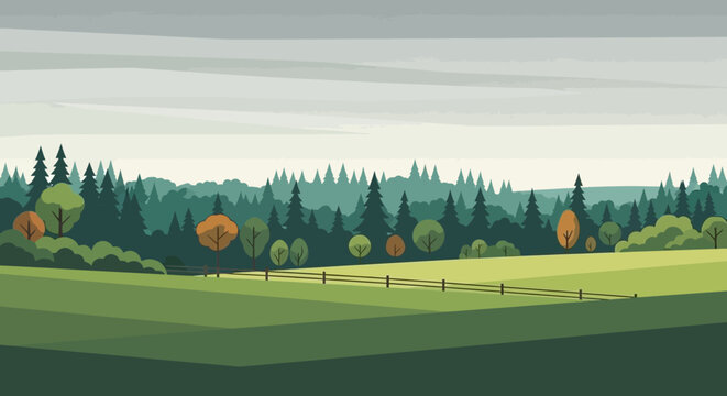Stylized vector illustration of a serene rural landscape with green fields, a line of deciduous trees, and a dense evergreen forest under an overcast sky.