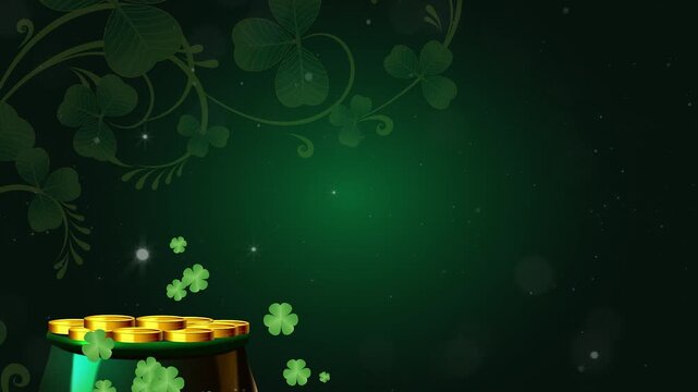 Horizontal St. Patrick's Day Pot of Gold Background. Lucky Irish Treasure with Floating Shamrocks, Gold Coins, and Copy Space on Green Gradient