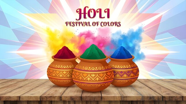 Three traditional clay pots with colored powder celebrating Holi festival against vibrant explosion background