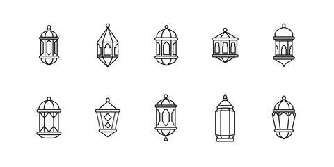 Minimalist outline hanging lantern icon set with editable stroke © hafid
