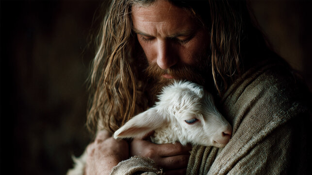 esus Christ holding a little lamb in a loving embrace representing the Good Shepherd and divine compassion 