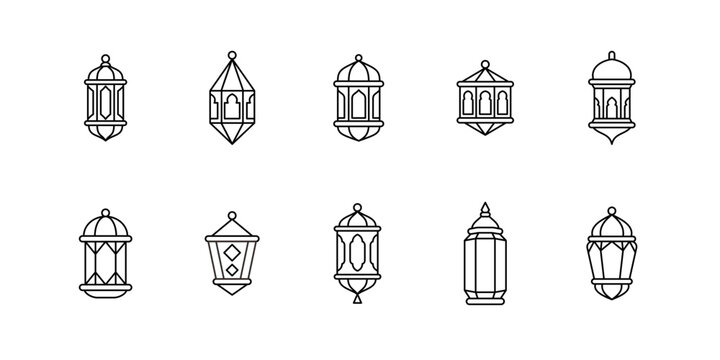 Minimalist outline hanging lantern icon set with editable stroke