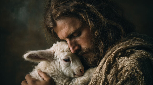 esus Christ holding a little lamb in a loving embrace representing the Good Shepherd and divine compassion 