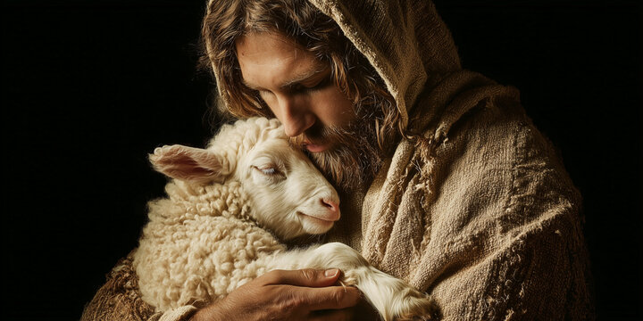 esus Christ holding a little lamb in a loving embrace representing the Good Shepherd and divine compassion 