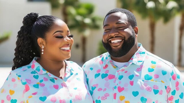 selective focus plus-size couple matching outfits in bright daylight