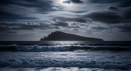 Dramatic Island Silhouette at Night with Turbulent Ocean Waves.