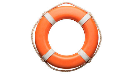 Bright orange life buoy with rope isolated on transparent background cut out © Ivan