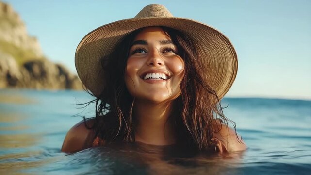 selective focus joyful plus-size woman in sun hat splashing in ocean