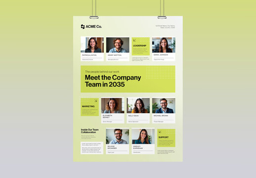 Meet The Team Poster Template for Modern Company Profiles, Organizational Charts & About Us Banners