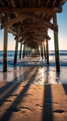 Fototapeta premium Vibrant photo of Scenic View from Underneath a Wooden Pier at Sunset with Long Shadows on the Sand