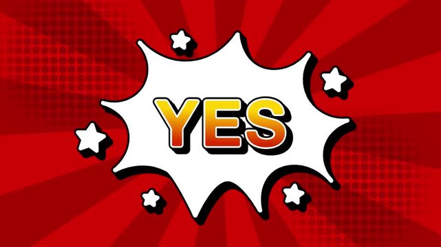 yes text word lettering popup comic cartoon reveal with bomb and smoke explosion manga anime book page dots with radial speed lines doodle red background with seamless loop animation retro clip