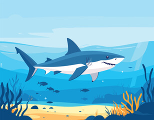 Fototapeta premium Shark Swimming In Deep Ocean. Sea Animals Concept. Vector graphic illustration
