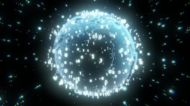 Hologram Planet Earth with Rotating Binary Data and Star Field Background - 4K Loop