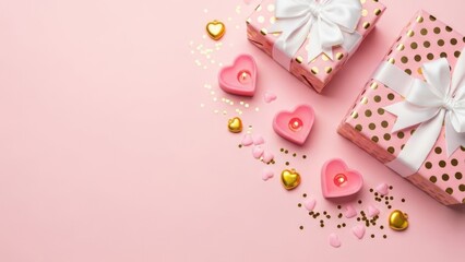 Pink polka dot gift boxes with heart shaped candles and golden hearts