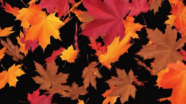 Vibrant autumn leaves in various hues and shades falling around, creating a dynamic display of color and texture against a dark background