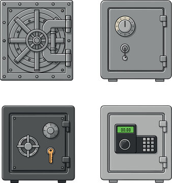 Professional bank safe and secure vault collection featuring mechanical dial locks, digital keypads, and heavy steel door designs for financial security concepts