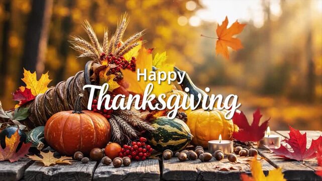A vibrant cornucopia filled with pumpkins, leaves, and fruits on a rustic wooden table, celebrating Thanksgiving in an autumnal forest setting.