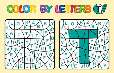 Color by letter T coloring page. Puzzle game for preschool education
