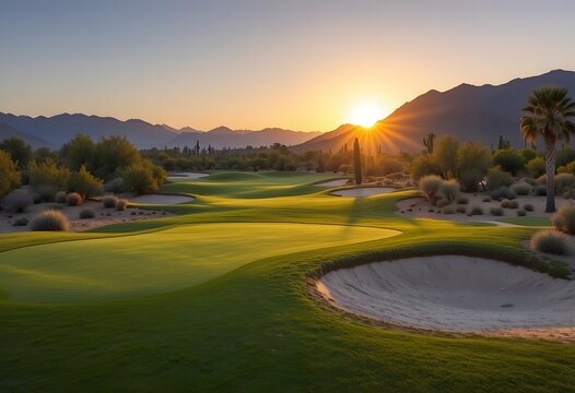 Sunset glow over a tranquil desert golf course with a sand trap in the foreground. anthem arizona