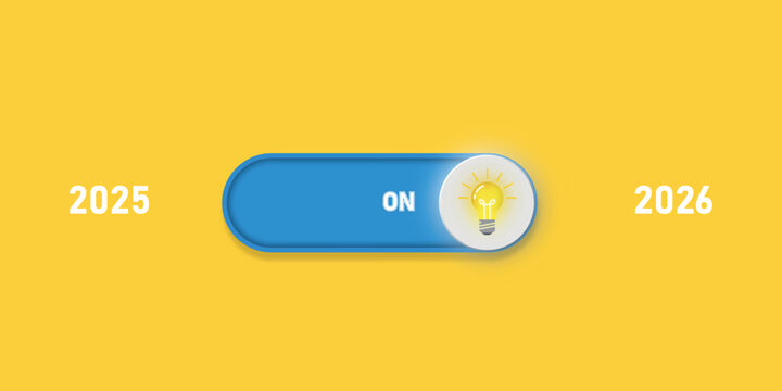 Blue toggle switch with glowing light bulb icon showing transition from 2025 to 2026 on yellow background