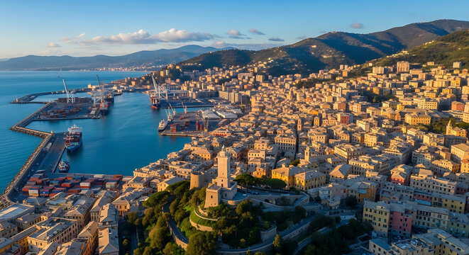 Aerial drone view of Genoa historic port old town and Ligurian Apennines Italy