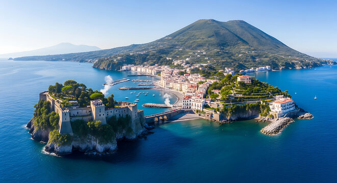 Drone view of Ischia island thermal springs medieval castle and lush gardens Italy